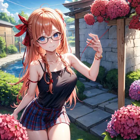 Red-blonde、blue hair、blue eyes、Braid、one good looking girl、solo、anime、Plaid miniskirt、camisole、black t-shirt、Tilting your face、Doing the ribbon、Ribbon at waist、sunset sky、shrine、stone stairs、petal、tunnel、drawing a fortune、Fallen leaves、fixing glasses、water...