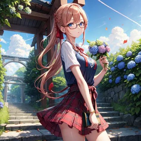 Red-blonde、blue hair、blue eyes、Braid、one good looking girl、solo、anime、Plaid miniskirt、camisole、black t-shirt、Tilting your face、Doing the ribbon、Ribbon at waist、sunset sky、shrine、stone stairs、petal、tunnel、drawing a fortune、Fallen leaves、fixing glasses、water...