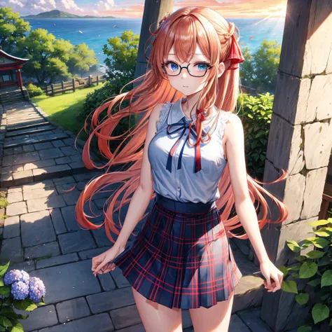 Red-blonde、blue hair、blue eyes、Braid、one good looking girl、solo、anime、Plaid miniskirt、camisole、black t-shirt、Tilting your face、Doing the ribbon、Ribbon at waist、sunset sky、shrine、stone stairs、petal、tunnel、drawing a fortune、Fallen leaves、fixing glasses、water...