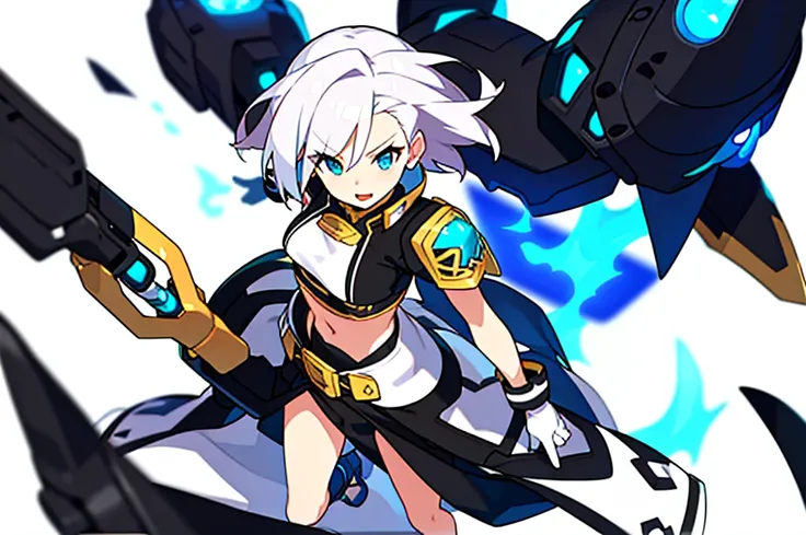 solo female, midriff, (((blurry background, white background))), character focus, fantasy clothes, standing, grove cuff, gloves, character design,