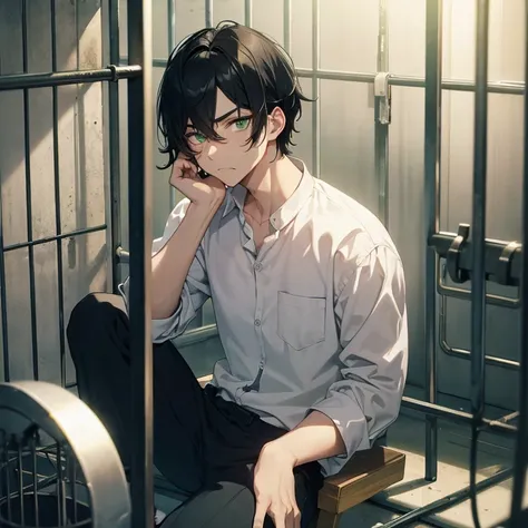 Male sitting down. Black hair. Green eyes. Band-aid under eye. Looks upset. In a cage. Clenching teeth. 