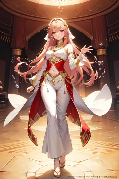 ((best quality)), ((masterpiece)), (detailed), perfect face brownish pale long pink hair with and golden brown eyes full body (((Clothes theme Slightly Arabian mix with traditional filipino clothing))) ((splash art))