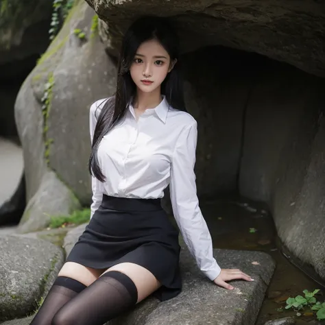 Beautiful girl in black stockings with long legs and hip-hugging skirt is taking shelter from the rain in a cave, wearing a white shirt and long black hair