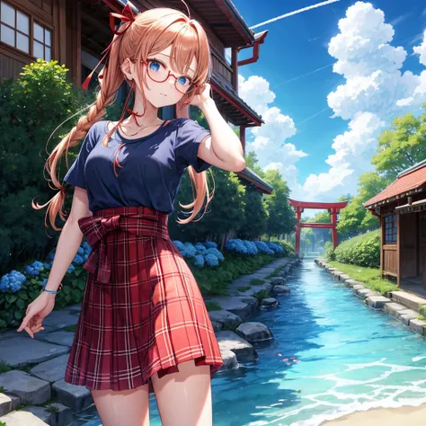 Red-blonde、blue hair、blue eyes、Braid、one good looking girl、solo、anime、Plaid miniskirt、camisole、black t-shirt、Tilting your face、Doing the ribbon、Ribbon at waist、sunset sky、shrine、stone stairs、petal、tunnel、drawing a fortune、Fallen leaves、fixing glasses、water...