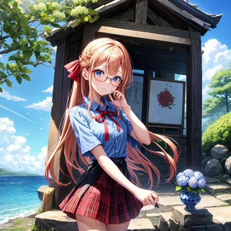 Red-blonde、blue hair、blue eyes、Braid、one good looking girl、solo、anime、Plaid miniskirt、camisole、black t-shirt、Tilting your face、Doing the ribbon、Ribbon at waist、sunset sky、shrine、stone stairs、petal、tunnel、drawing a fortune、Fallen leaves、fixing glasses、water...