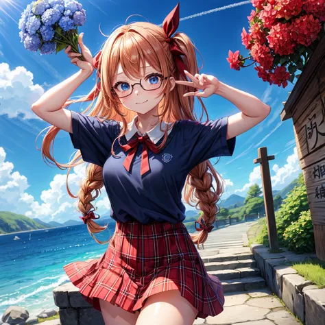 Red-blonde、blue hair、blue eyes、Braid、one good looking girl、solo、anime、Plaid miniskirt、camisole、black t-shirt、Tilting your face、Doing the ribbon、Ribbon at waist、sunset sky、shrine、stone stairs、petal、tunnel、drawing a fortune、Fallen leaves、fixing glasses、water...