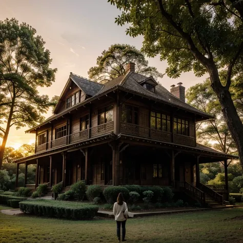 A beautiful forest, evening sunset, a big wood house built on a big tree, a person standing under the tree and looking up at the big house, just like a real photo.