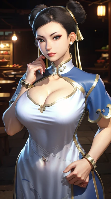 1 female, huge cleavage, cleavage bra, gigantic breasts, high resolution, high definition, detailed art, 3d cg, bursting breasts, chun-li, at night, alley