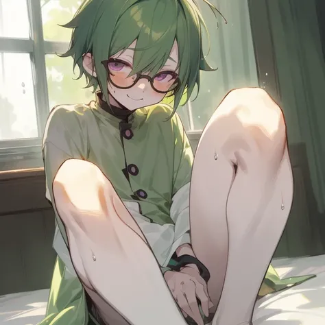 A shota boy,green hair,short hair,wearing a black circle glasses,two green antenna,purple eyes,cute,white skin,sitting on the bed,innocent,smiling,blush,wet pussy,wearing stock,nsfw,cuntboy