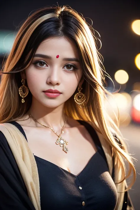 (((desi girl))), chubby face, natural skin, wearing hot deep neck top and dupatta, charming black hair, ((hair ends are blonde)), city streets background, bokeh