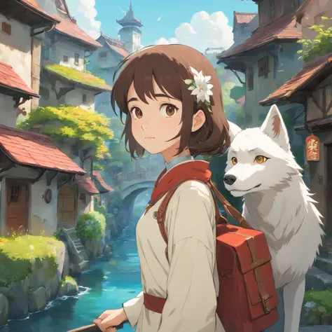 A painting of a girl with a white wolf painted in the style of primitivist realism、Texture exploration、ashkan school、Close-up、dark brown and white、Olympus irregular buildings）、patchwork cottage、Flower Embellishment、light、Concept art inspired by Andreas Roc...