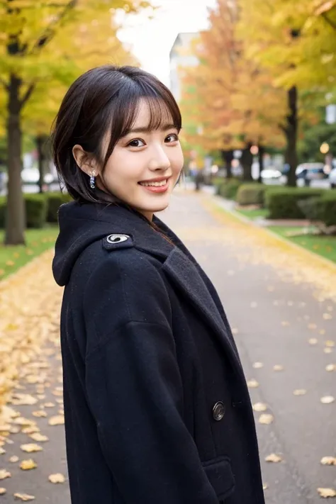 top quality, detailed pictures, Beautiful Japanese woman with short cut,  Adult beauty, Smiling street snapshot photo shoot, Parks in Sapporo, autumn&#39;s, coat