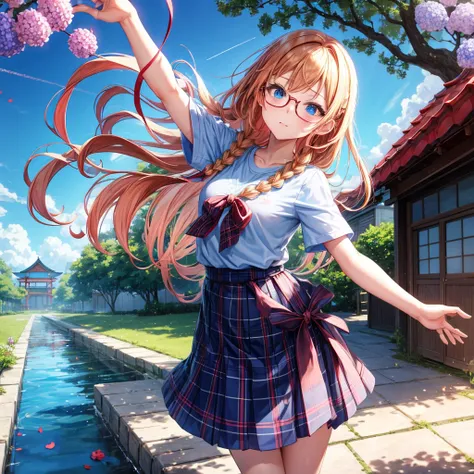 Red-blonde、blue hair、blue eyes、Braid、one good looking girl、solo、anime、Plaid miniskirt、camisole、black t-shirt、Tilting your face、Doing the ribbon、Ribbon at waist、sunset sky、shrine、stone stairs、petal、tunnel、drawing a fortune、Fallen leaves、fixing glasses、water...