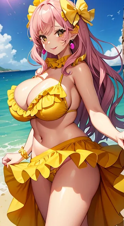 Woman((30year old)), hair((pink, long, wavy)), hazel eyes, clothes((frilly, bikini, yellow bumblebee)), accessories (( earrings)), gigantic breast, big boobs, smiling, background,