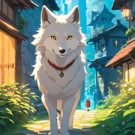 White wolf and boy painted in the style of primitivist realism,Texture exploration、ashkan school、Close-up、dark brown and white、Olympus irregular buildings）、patchwork cottage、Flower Embellishment、light、Concept art inspired by Andreas Rocha、 Art Station Cont...