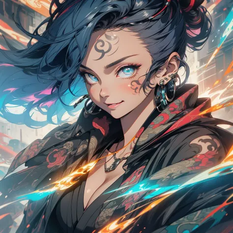 (((highest quality))),(((detailed eyes))),(((32k))),(1 girl),hair,(tattoo),(cyber punk),kimono,((Luxurious and gorgeous)),Shiny skin,earrings,flashy,((Super beautiful woman)),(perfect face),Japanese sword,ultimate texture,official art,Ukiyo-e,stylish,photo...