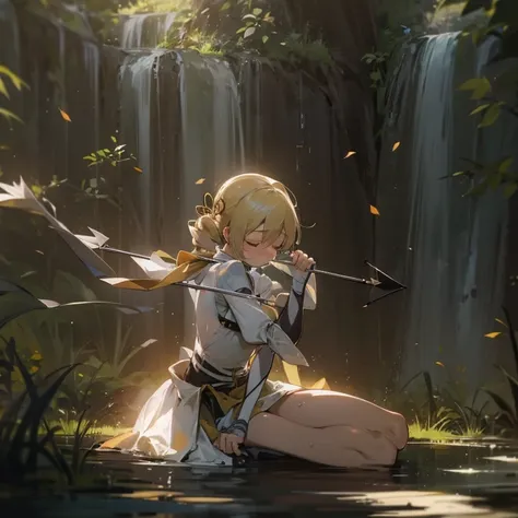 1 girl, perfect lighting, 8k, 1080p, mami tomoe, kneeling, bend back, closed eyes, pain, moaning, arrow pierce body, scenery