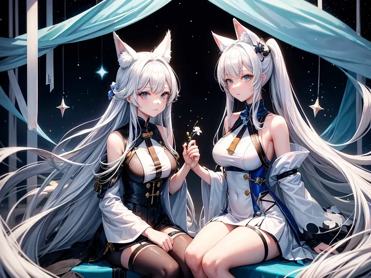 Shinano，Azur Lane Characters，Presented in a two-dimensional style。She is a woman with a very good figure，Has long white hair and blue eyes。She also has white fox ears and nine white fox tails。in，In her hand she holds a blue-white black hole，Sitting on a ch...