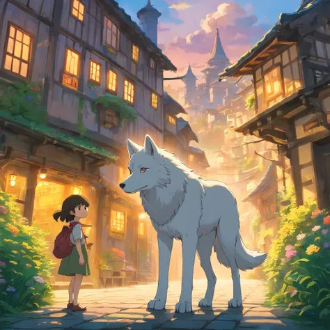 White wolf and boy painted in the style of primitivist realism,Texture exploration、ashkan school、Close-up、dark brown and white、Olympus irregular buildings）、patchwork cottage、Flower Embellishment、light、Concept art inspired by Andreas Rocha、 Art Station Cont...