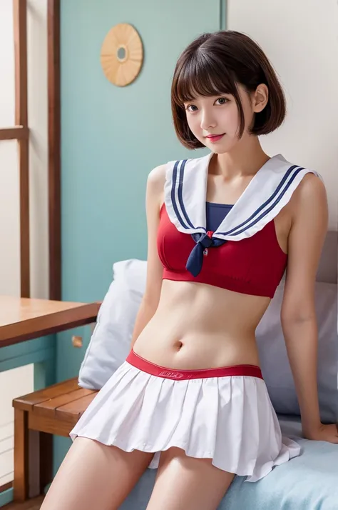 highest quality、masterpiece、High resolution、4K、real 18 year old woman、summer clothes、sailor suit、mini skirt、cute room、belly button、red underwear、short hair、1 girl、