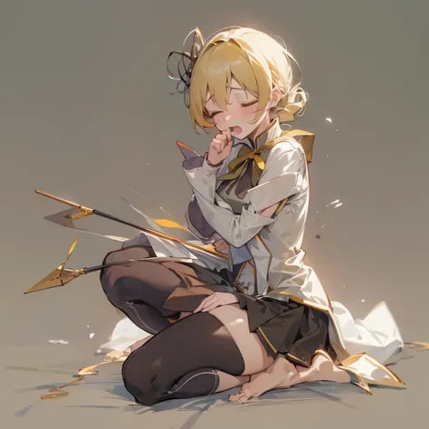 1 girl, perfect lighting, 8k, 1080p, mami tomoe, kneeling, tottering, bend back, closed eyes, pain, moaning, arrow pierce body