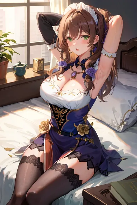 Lisa, genshin impact, 1 girl, alone, big breasts, cleavage, hair between eyes, messy hair, large chest, long hair, looking at the viewer, brown hair, red short nails, green eyes, alone, Thighhighs, ((masterpiece)), maid dress, maidフク, maid, skirt, stocking...