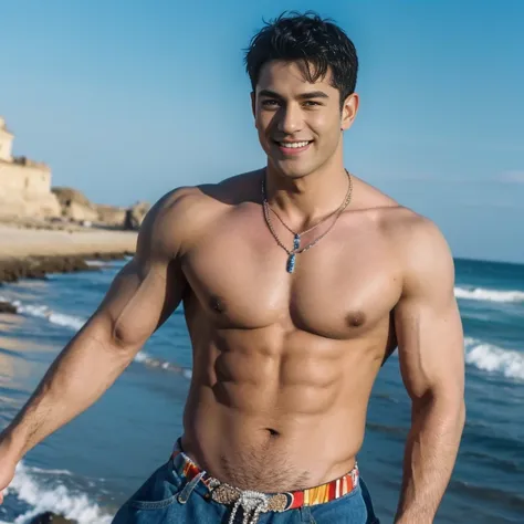 realistic, (masterpiece, top quality, best quality, official art), very detailed, colorful, most detailed, god, short hair, black hair, handsome man, sea, necklace, beach, pectoral, abs, brown skin, blue eyes, handsome smile, muscular, ((wide shoulders nar...