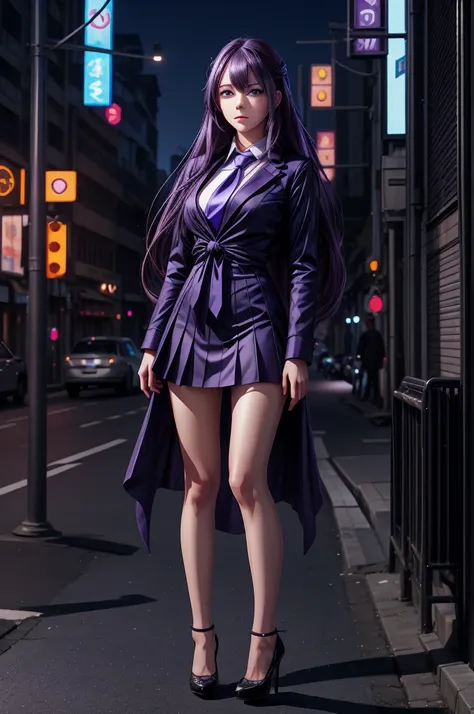 Anime girl standing on city street with long hair and blue eyes, trending in ArtStation Pixiv, purple eyes, blue tie, beautiful (detailed eyes, detailed face,) Ahegao, euladef, noble temperament, high heels, no watermark