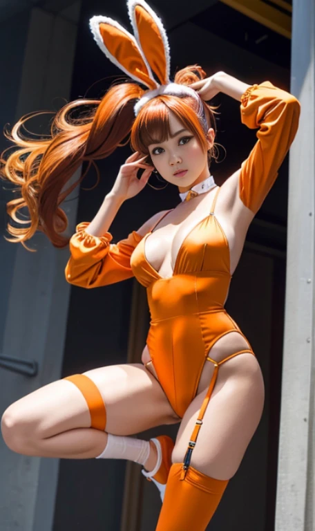 random hairstyle,random hair color,bunny ear hair band,1 female, 24-years-old,lower world photo,orange bunny suit,Bunny girl,one leg is raised high,Ｙcharacter balance,spread legs,Large slit,Kicking,Are standing,long thin legs,garter belt,High Detail,