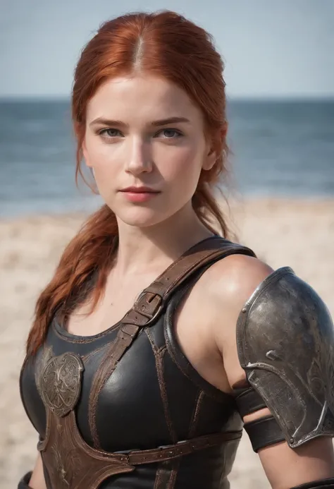 norwegian girl 14 years old ,Red-haired ponytail, dusty face, wearing leather armor, against the background of a sandy beach, sword in hands, Wind, photorealism, sharp focus, fallout,Photo 4/4, Realistic facial skin, oppressive atmosphere,With view 3/4,