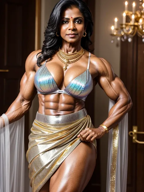 1female, a 50-year-old ifbb indian, dark skinned, white hair, thick lips, sheer iridescent skirt, detailed face, shiny gold bra 