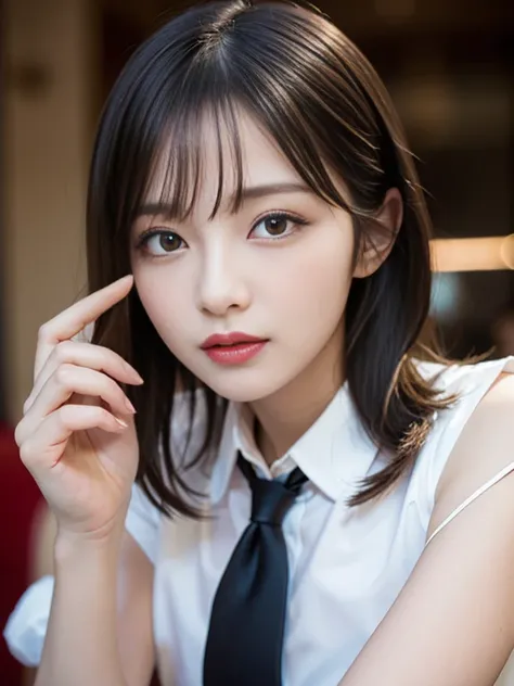 Realisticな,(master piece, high quality:1.2) ,Realistic, RAW photography, wide wide shot,  ( Hand Sign), verbal invitation, she keeps her mouth open, (just enough to make ends meet), adjust hair, tie hair,beautiful face,beautiful eyes,blowjob,Ultra detailed...