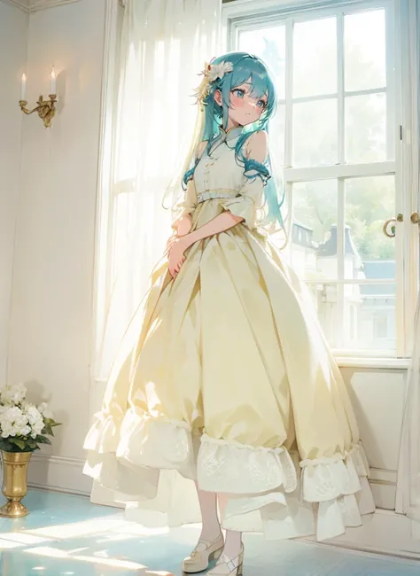 arafed girl in a 黄color dress standing in front of a window, Brilliant), full length view, light 黄color, lovely languid princess, wearing an organdy dress, cute:2, romantic dress, pastel, rococo dress, (((黄color))), Dreamy software, romantic gown, full len...