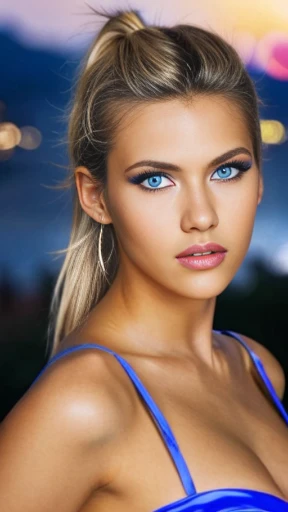 Female sexy、platinum blonde hair, light brown hair, streaked hair, blonde highlights hair, ponytail hair, dark tanned skin, crystal blue eyes, loosefitting silk minidress、looking at the camera, night sky, neon city lights