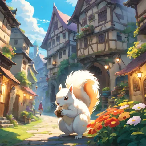 White squirrel and boy drawn in the style of primitivist realism,wizard、Magic Academy、Close-up、dark brown and white、Olympus irregular buildings）、patchwork cottage、Flower Embellishment、light、Concept art inspired by Andreas Rocha、 Art Station Contest Winners...