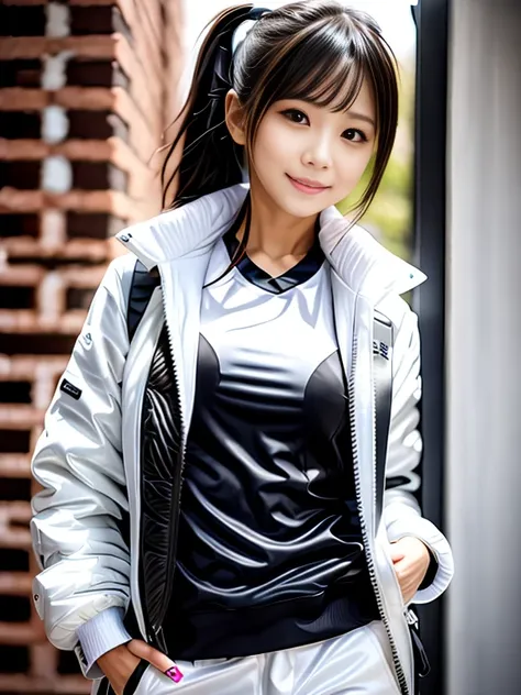 a woman in a white jacket and black pants posing for a picture, model is wearing techtical vest, sportswear, sportswear, かわいいsportswear, nanocarbon-vest, white!!, white coat, tech wear women pictures, 2 techwear women, catalog photo, stylish coat for rave,...