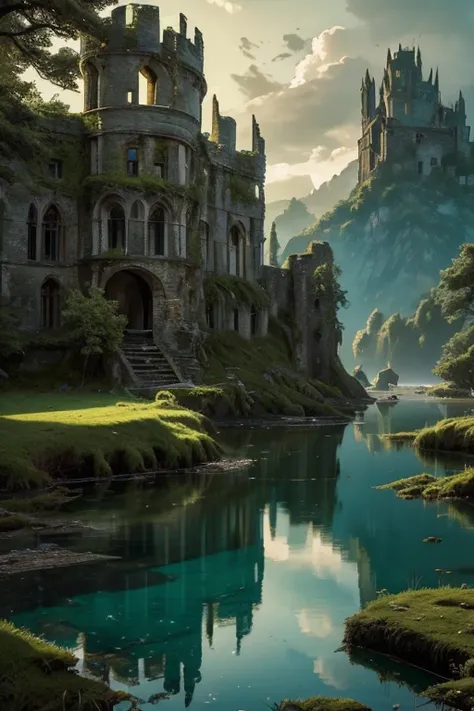 ruined castle,facing,lake,reflection,water,glory days,best quality,ultra-detailed,realistic,landscape,ancient stone walls,crumbling,tall towers,dilapidated structures,moss-covered,overgrown vegetation,cracked windows,majestic,mysterious atmosphere,haunting...