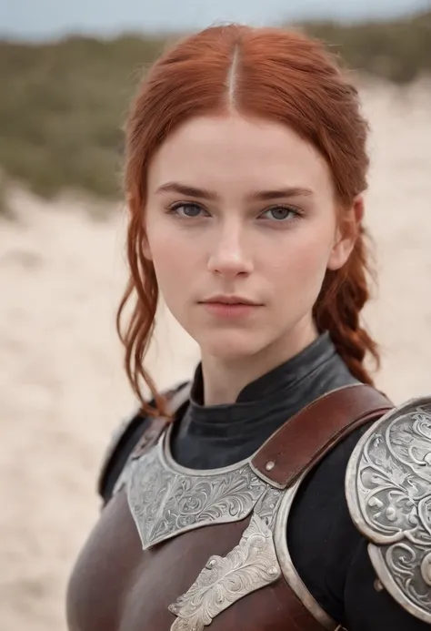 norwegian girl 14 years old ,Red-haired ponytail, dusty face, wearing leather armor, against the background of a sandy beach, sword in hands, Wind, photorealism, sharp focus, fallout,photograph,whole body, Realistic facial skin, oppressive atmosphere,View ...