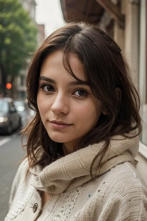 Pode mandar mais fotos Create a realistic illustration in 8K d&#39;une femme latino d&#39;around 30 years old dressed warmly. Elle a des cheveux bruns, slightly wavy, tombant librement autour de son visage. Son regard est naturel et captivant, staring dire...