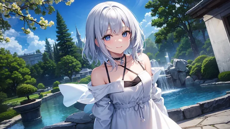 super high quality, with a girl, 20-year-old, very short hair, long bangs between the eyes, pale blue eyes , blue sky, sunlight, very detailed,(masterpiece、highest quality)、alone、gray hair、laughter、White skin as clear as snow、fantasy, silver hair, black ey...