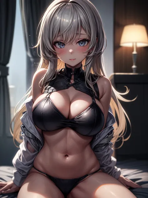 Masterwork, Best Quality, ultra-detailed, dynamic lighting, 8k, photo-realistic, anime girl in a black bikini posing in a dark room, seductive anime girl, thicc, small curvy loli, kantai collection style, from girls frontline, revealing clothes, oppai cybe...