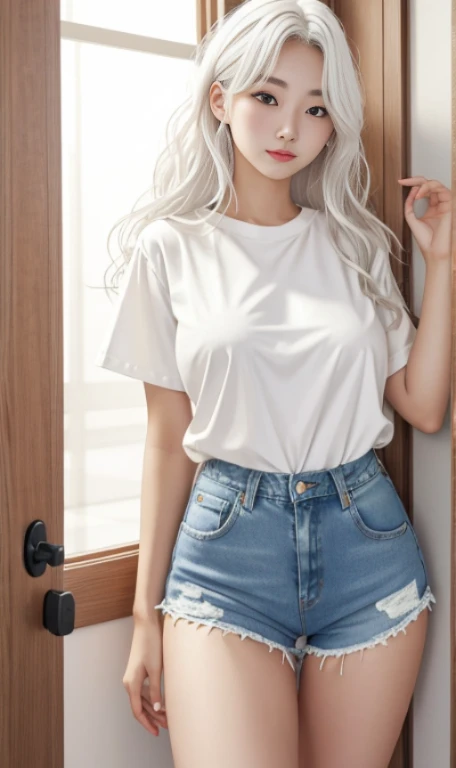 realistic, High resolution, 1 girl, wavy white hair, Korean, unusual eyes, small mole under the eye, Loose white shirt, skinny denim shorts, big breasts, thighs, A masterpiece that looks like panties, realism