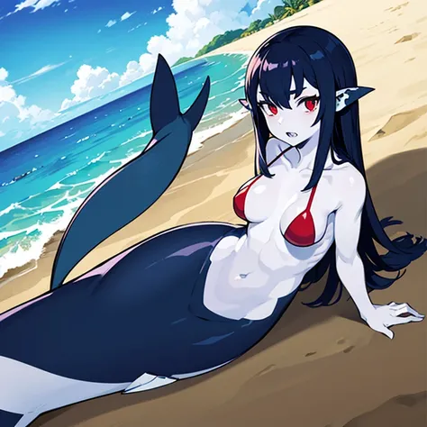 mermaid、Marshark、The lower body is a shark、sandy beach、sitting、white skin、Overall image、double teeth、stare、red eyes、Reversed eyes