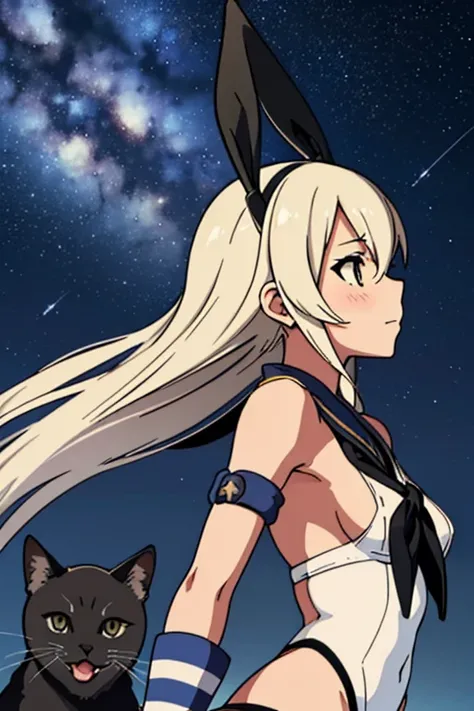 hyper detailed, perfect anatomy, extremely detailed and delicate, 1 girl, shimakaze(kancolle), night sky, stars, milkyway, with a black cat,