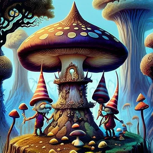 mushrooms and gnomes are gathered around a mushroom like structure, cubensis, rob mcnaughton, fungal god, by Joe Fenton, mycologist, symmetrical epic fantasy art, by David B. Mattingly, official artwork, magic mushrooms, magic mushroom, by Brian Despain, w...