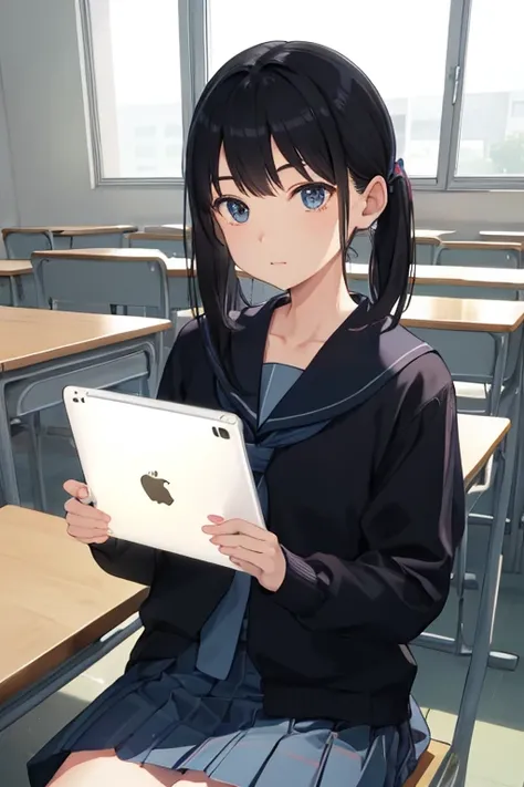 ((holding an iPad in one hand))、primary school student,I use it for studying in class and at school.,
