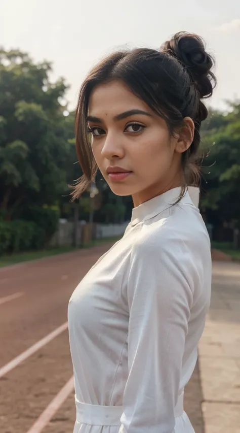 ultra-realistic photographs,Indian Instagram female model,mid 20s,9:16,mid-shot,beautiful detailed eyes,detailed lips,longeyelashes,black bun hair style, naturally full eyebrows,perfectly formed nose,expressive face,attractive appearance,confident and eleg...