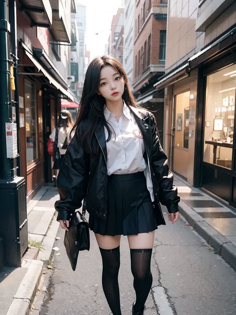 （female：1.2）（bodybuilding：0.8），masterpiece，lifelike，There is a female person walking on the sidewalk wearing a skirt, Pictures inspired by Cheng Jiasui, CG trends, dreamlike reality, Wearing a skirt and high socks, stockings and skirt, a hyperRealistic fem...