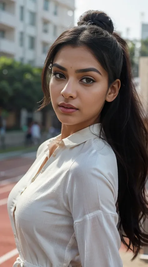 ultra-realistic photographs,Indian Instagram female model,mid 20s,9:16,mid-shot,beautiful detailed eyes,detailed lips,longeyelashes,black bun hair style, naturally full eyebrows,perfectly formed nose,expressive face,attractive appearance,confident and eleg...