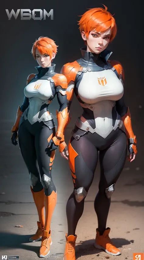 ((((Webtoon style)))), ((((Character description)))) girl in steel armor ultra futuristic, short orange hair, Russian, full body, casual pose], [Ultra mega hyper ripped muscles]